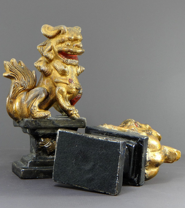 China, First Half of the 20th Century, Pair Of Polychrome Temple Guardian Lions.