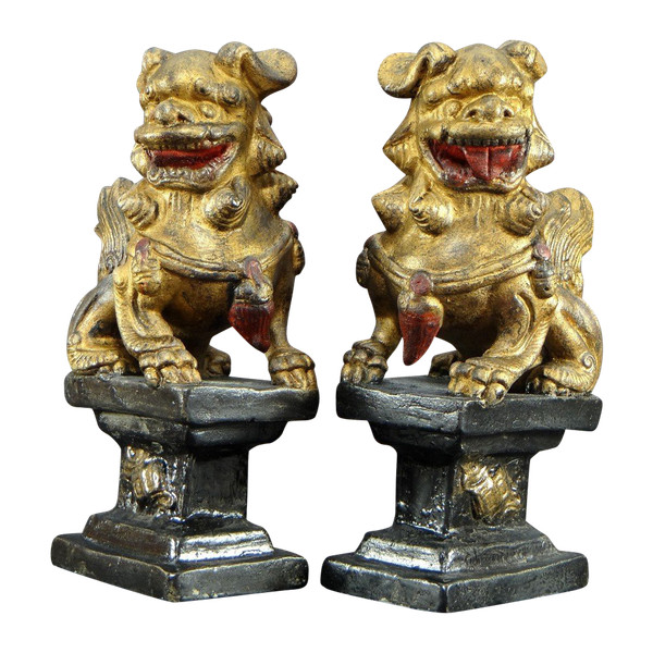 China, First Half of the 20th Century, Pair Of Polychrome Temple Guardian Lions.