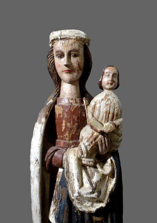 Grande statua di Madonna e Gesù Bambino in legno policromo del XVI secolo