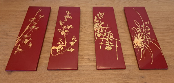 Thanh Lap, 4 Panels , Red And Gold Lacquer , Plants , XX°.