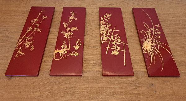 Thanh Lap, 4 Panels , Red And Gold Lacquer , Plants , XX°.