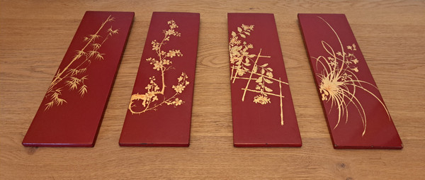 Thanh Lap, 4 Panels , Red And Gold Lacquer , Plants , XX°.