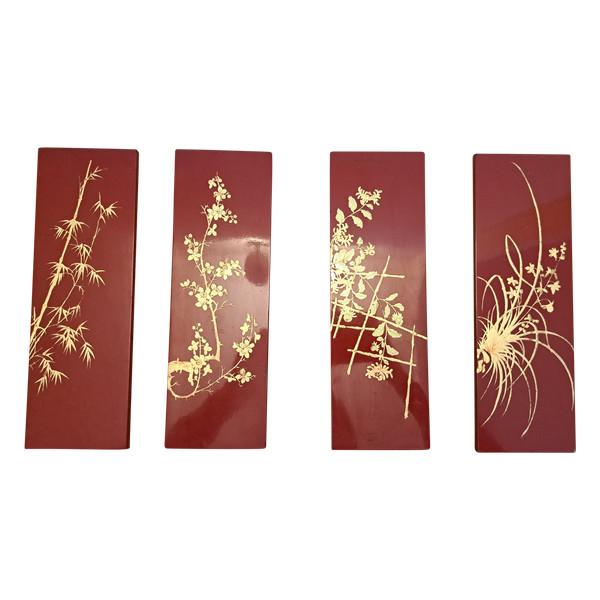 Thanh Lap, 4 Panels , Red And Gold Lacquer , Plants , XX°.