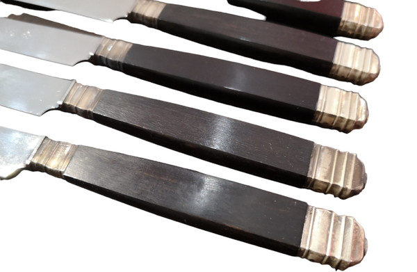 12 table knives + 12 Christofle entremets knives art deco model blackened wood handles