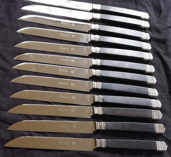 12 table knives + 12 Christofle entremets knives art deco model blackened wood handles