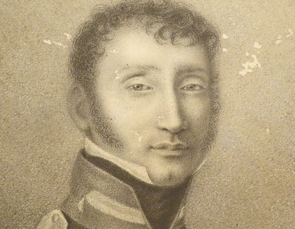 Tableau Dessin Portrait Officier Uniforme Médaille Cadre Stuqué XIXè Siècle