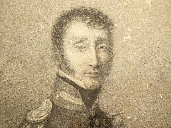 Tableau Dessin Portrait Officier Uniforme Médaille Cadre Stuqué XIXè Siècle