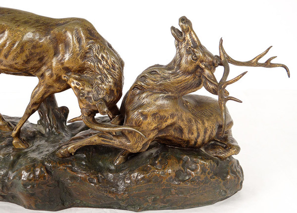 Skulptur Bronze Thomas François Cartier Kampf Der Hirsche Animalier XX.