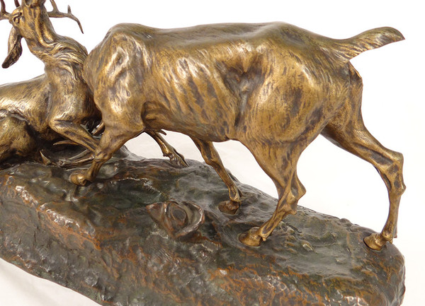 Skulptur Bronze Thomas François Cartier Kampf Der Hirsche Animalier XX.