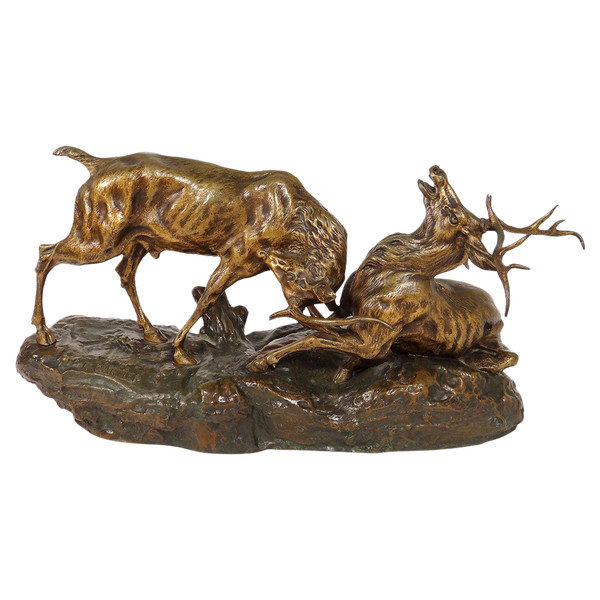 Skulptur Bronze Thomas François Cartier Kampf Der Hirsche Animalier XX.