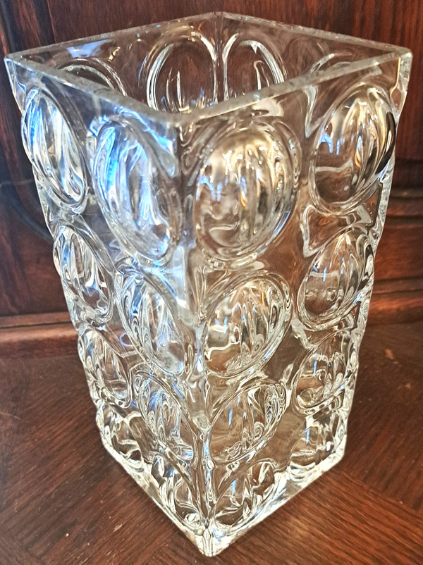 Square transparent crystal vase France 1970s