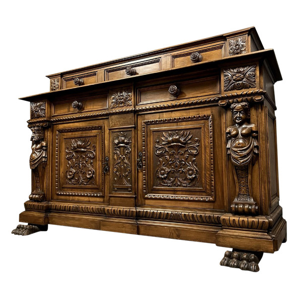 Buffet a più livelli in stile rinascimentale in noce con cariatidi, 1880 ca.