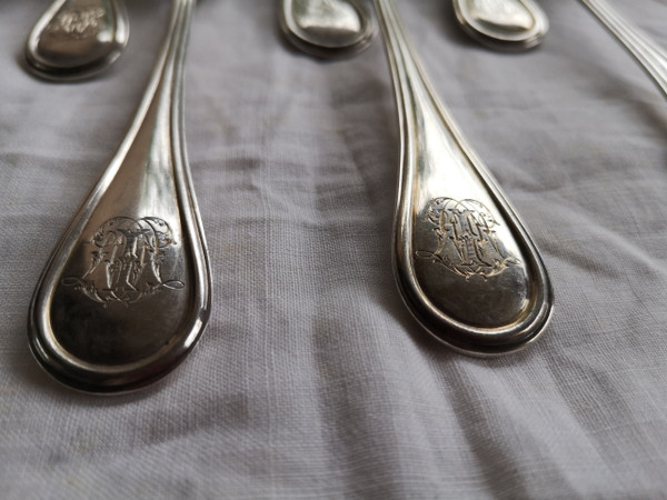 12 table settings in solid Minerva silver monogrammed by Jean Granvigne, silversmith, mid-19th century