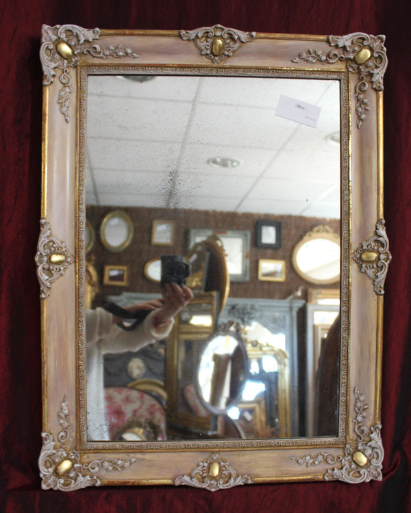 56 X 73 Cm, Miroir Ancien, Restauration Rectangle, Patine Ton Rose Et Or, glace mercure