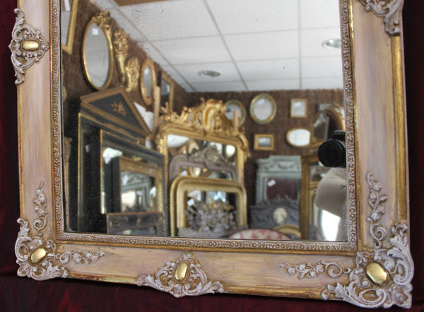 56 X 73 Cm, Miroir Ancien, Restauration Rectangle, Patine Ton Rose Et Or, glace mercure