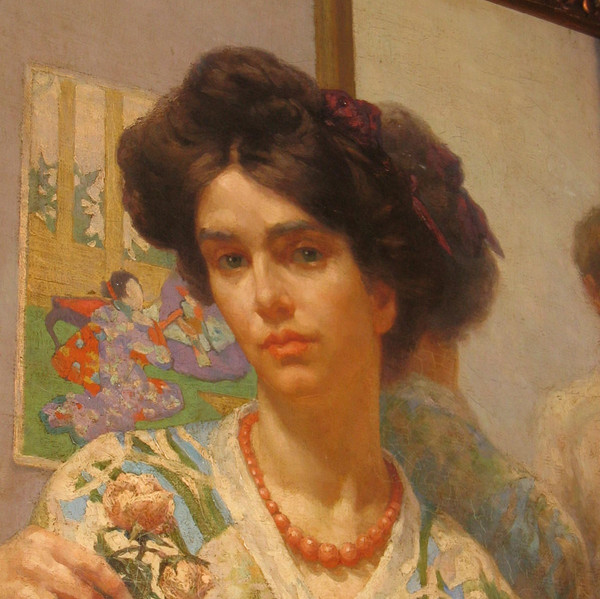 Large painting of a woman in Japanese costume and aut Portait Du Peintre dans le miroir (Portrait of the painter in the mirror)