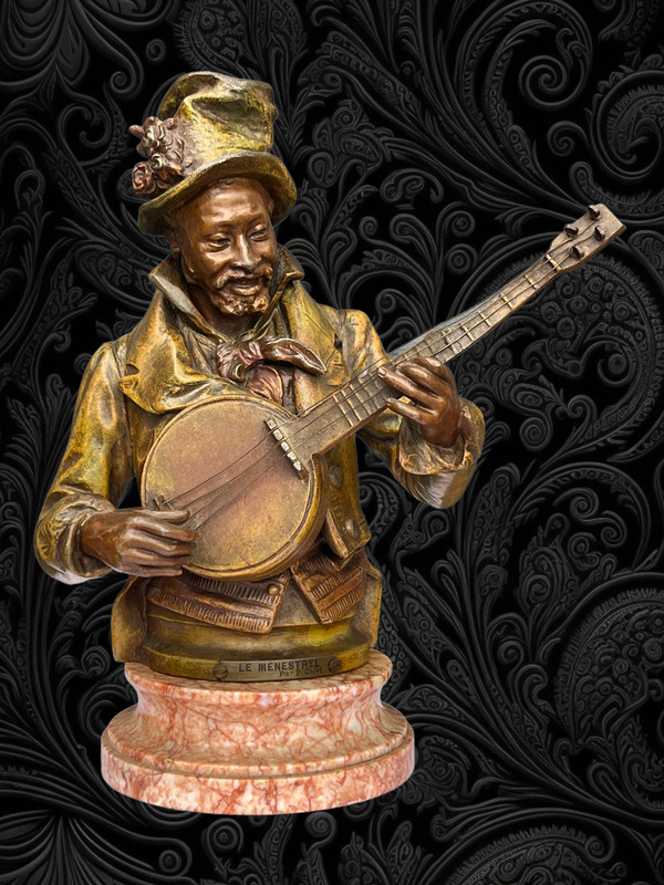 PIETRO CALVI 1833 - 1884 "THE MINSTREL" MAN PLAYING THE BANJO IN PATINATED STONEWARE