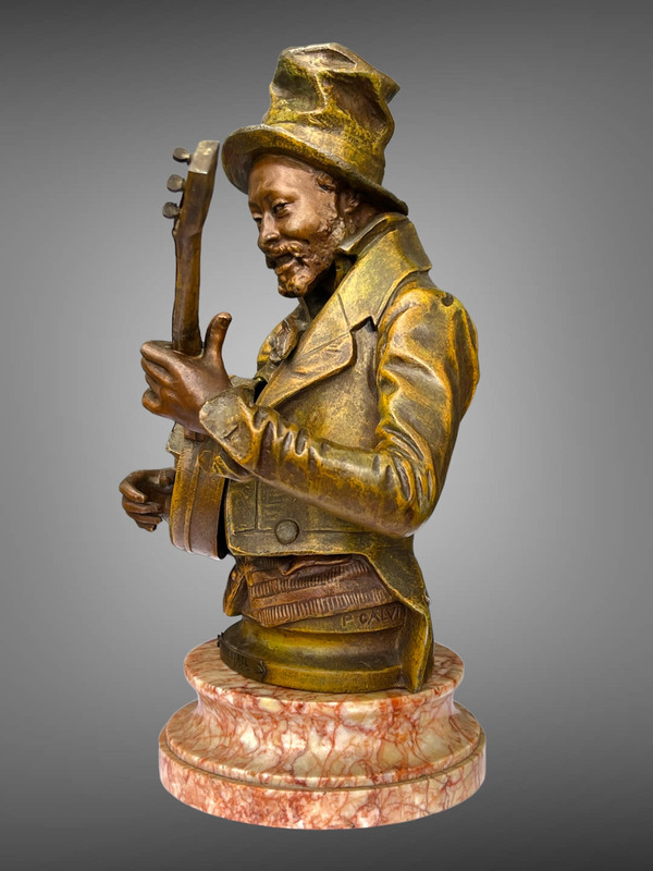 PIETRO CALVI 1833 - 1884 "THE MINSTREL" MAN PLAYING THE BANJO IN PATINATED STONEWARE