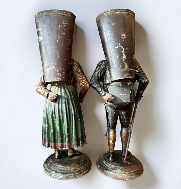 Rare Pair Of Figurative Vases In Painted Sheet Metal - Switzerland Late 18th Century Early 19th Century - Empire 