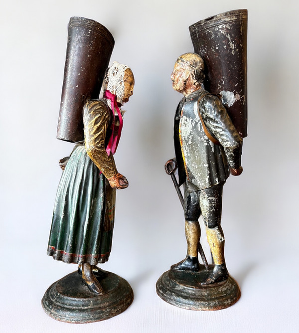 Rare Pair Of Figurative Vases In Painted Sheet Metal - Switzerland Late 18th Century Early 19th Century - Empire 