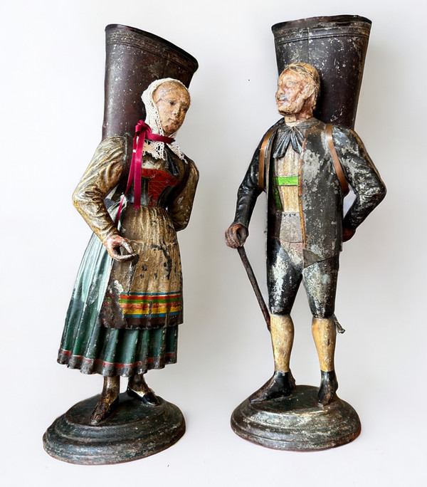 Rare Pair Of Figurative Vases In Painted Sheet Metal - Switzerland Late 18th Century Early 19th Century - Empire 