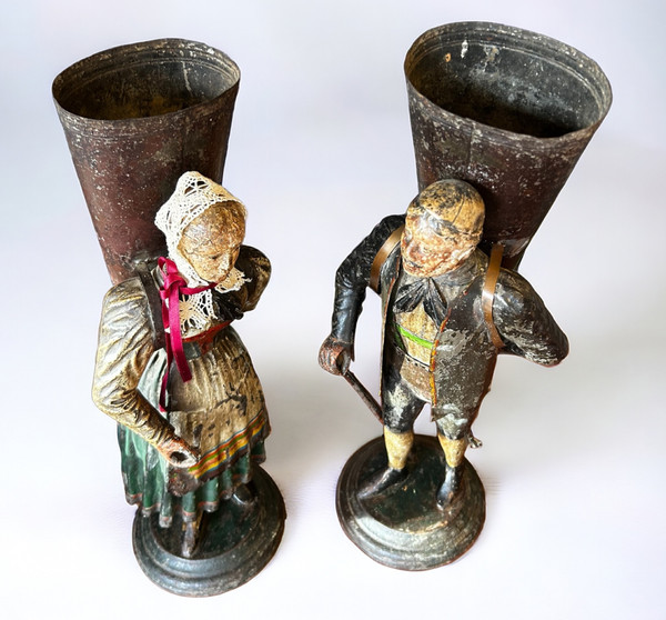 Rare Pair Of Figurative Vases In Painted Sheet Metal - Switzerland Late 18th Century Early 19th Century - Empire 