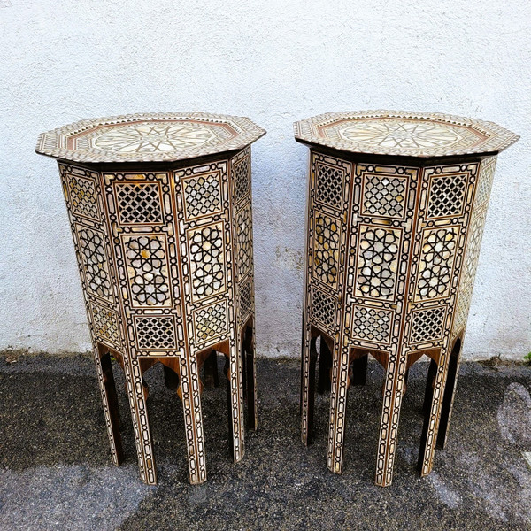 Pair Of Oriental Marquetry Pedestal Tables, 20th Century