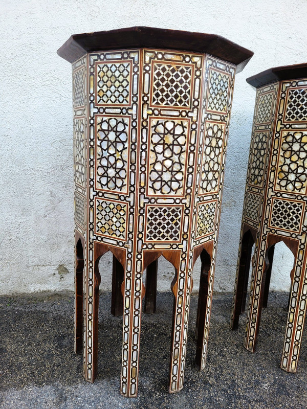 Pair Of Oriental Marquetry Pedestal Tables, 20th Century