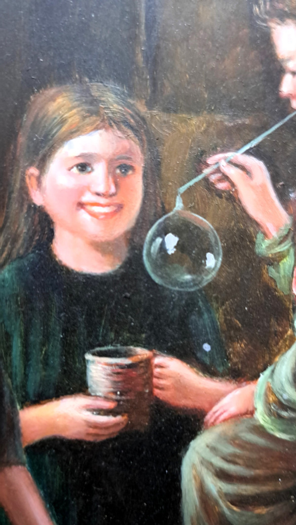 Oil painting on framed wooden panel scene group of 3 children blowing bubbles