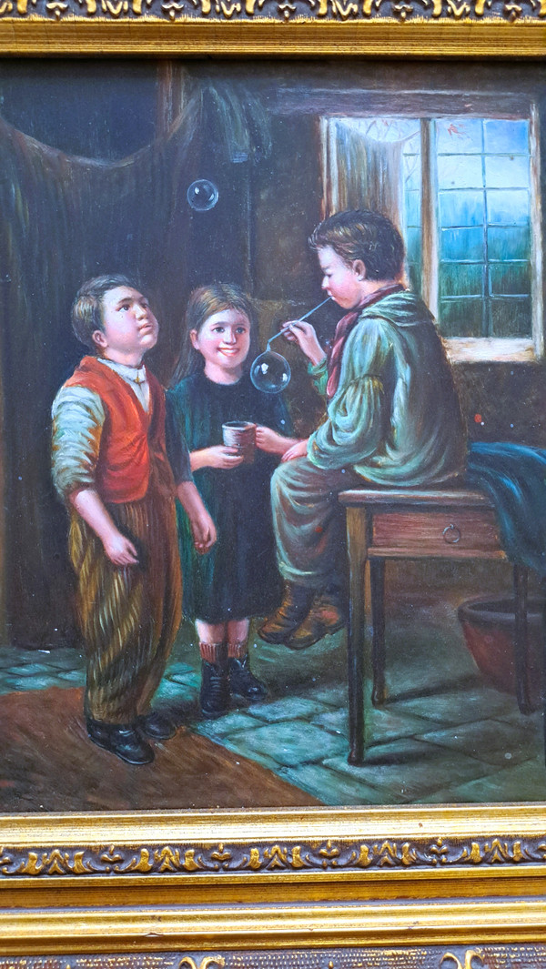 Oil painting on framed wooden panel scene group of 3 children blowing bubbles