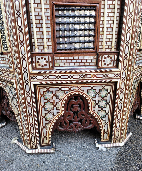 Pair Of Tall And Large Oriental Pedestal Tables In Marquetry, 20th Century