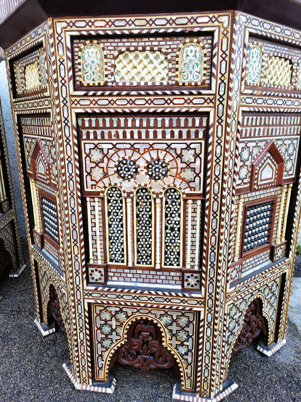 Pair Of Tall And Large Oriental Pedestal Tables In Marquetry, 20th Century