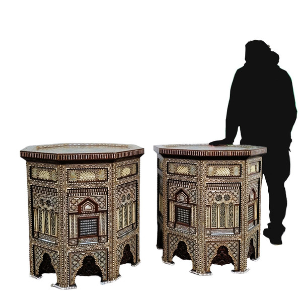 Pair Of Tall And Large Oriental Pedestal Tables In Marquetry, 20th Century