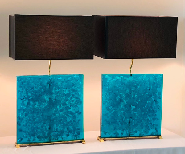 Lampes en résine fractale turquoise, années 80