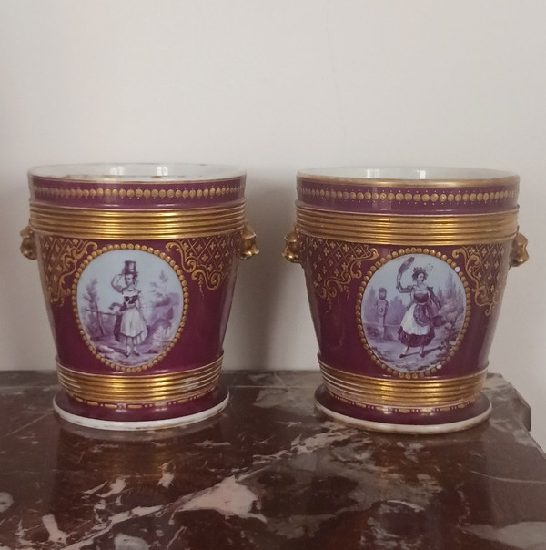 Old Paris, Louis Philippe period, Napoleon III - large pair of flower pots - purple and rich background