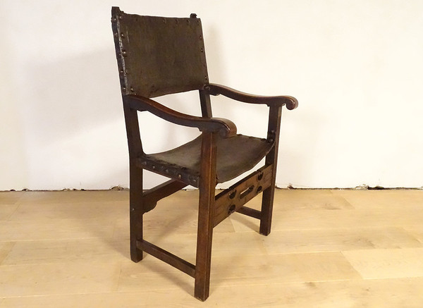 Armchair High Arm Chair Period Carved Walnut Embossed Leather 17th Century