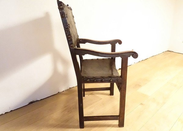 Armchair High Arm Chair Period Carved Walnut Embossed Leather 17th Century