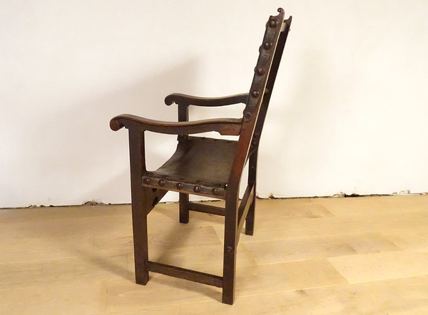 Armchair High Arm Chair Period Carved Walnut Embossed Leather 17th Century