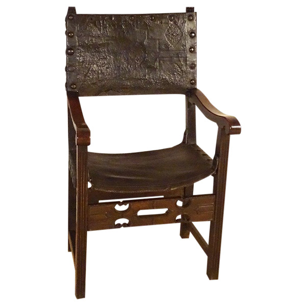 Armchair High Arm Chair Period Carved Walnut Embossed Leather 17th Century