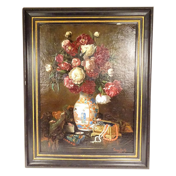 Large HST Georges Deully Still Life Peonies Vase Jewelry Box 1876