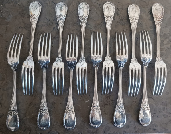 Christofle, Trianon model - box of 12 table spoons and forks - silver metal