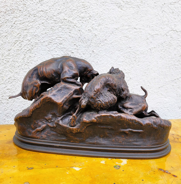 Pj Mêne, Rabbit Hunting, Signed Bronze, 19th Century