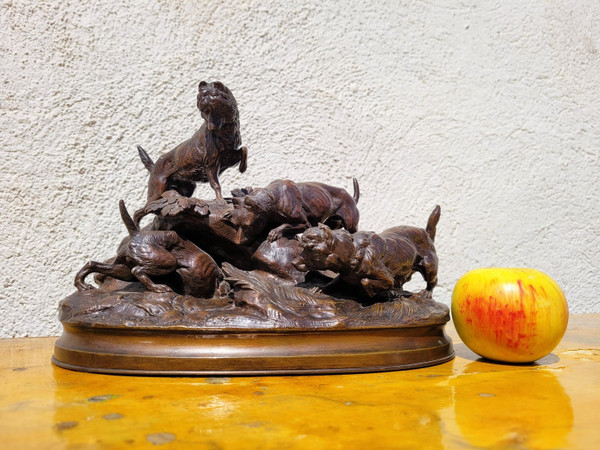 A Arson, Terrier Hunting Dogs, Signed Bronze, 19th Century