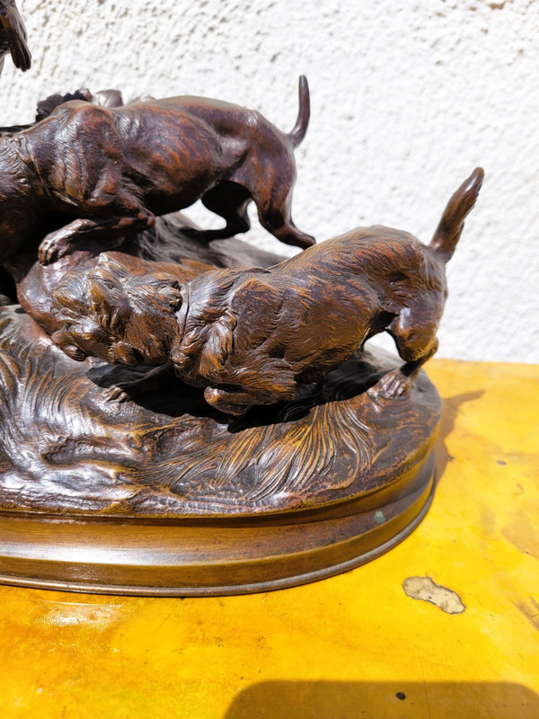 A Arson, Terrier Hunting Dogs, Signed Bronze, 19th Century