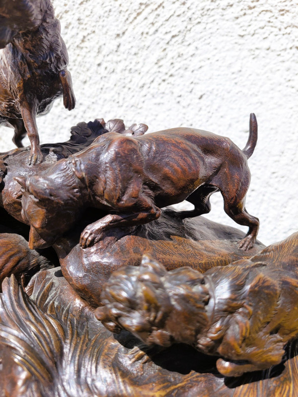 A Arson, Terrier Hunting Dogs, Signed Bronze, 19th Century