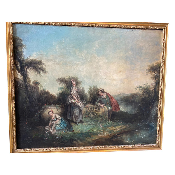 Scène Galante Suiveur De Watteau, école Française XIXème Siècle