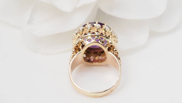 Vintage ring in rose gold, amethyst and fine pearls