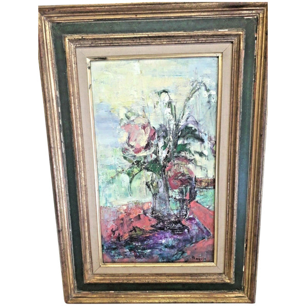 Tableau huile sur toile bouquet de fleurs signée Raquin 20ème