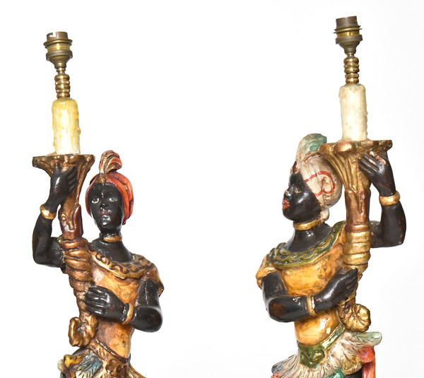 Pair of lamps in carved polychrome and gilded wood with Nubian décor