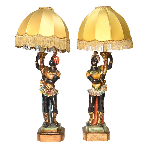 Pair of lamps in carved polychrome and gilded wood with Nubian décor